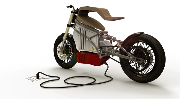 An electric motorcycle with a wooden saddle