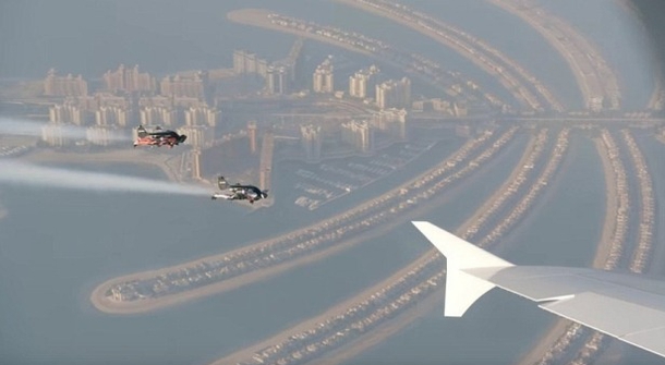 Daredevils fly with the Emirates A380 over Dubai